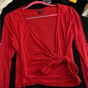 Bright Red Long Sleeve Plunging V Side Tie Shirt